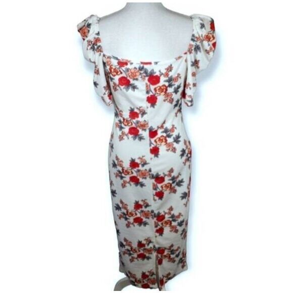 SHEIN RED & WHITE PUFF SLEEVE SLIT BACK FLORAL DRESS SZ.M EUC. - Picture 10 of 13